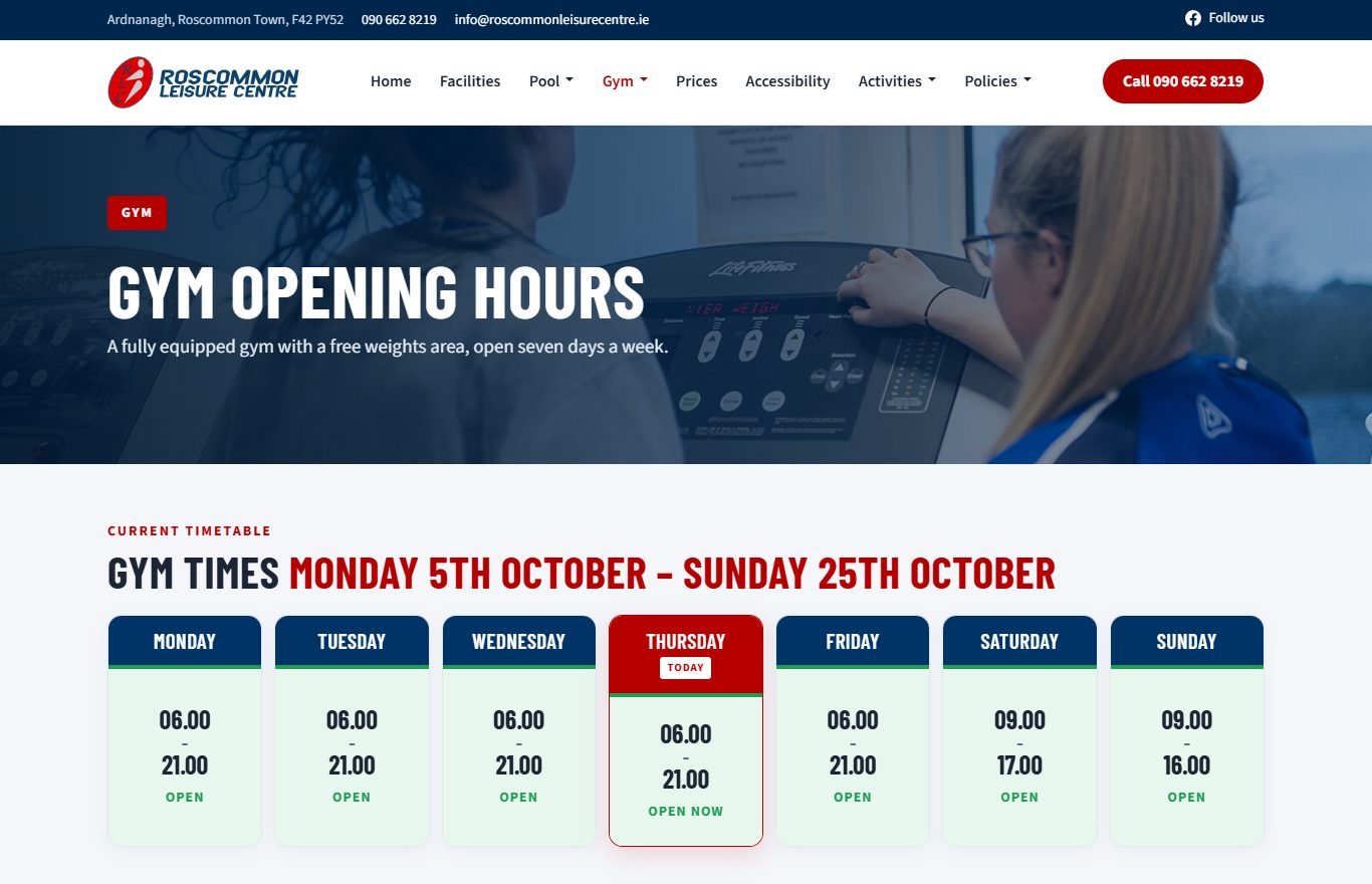 The new gym opening hours page with today highlighted