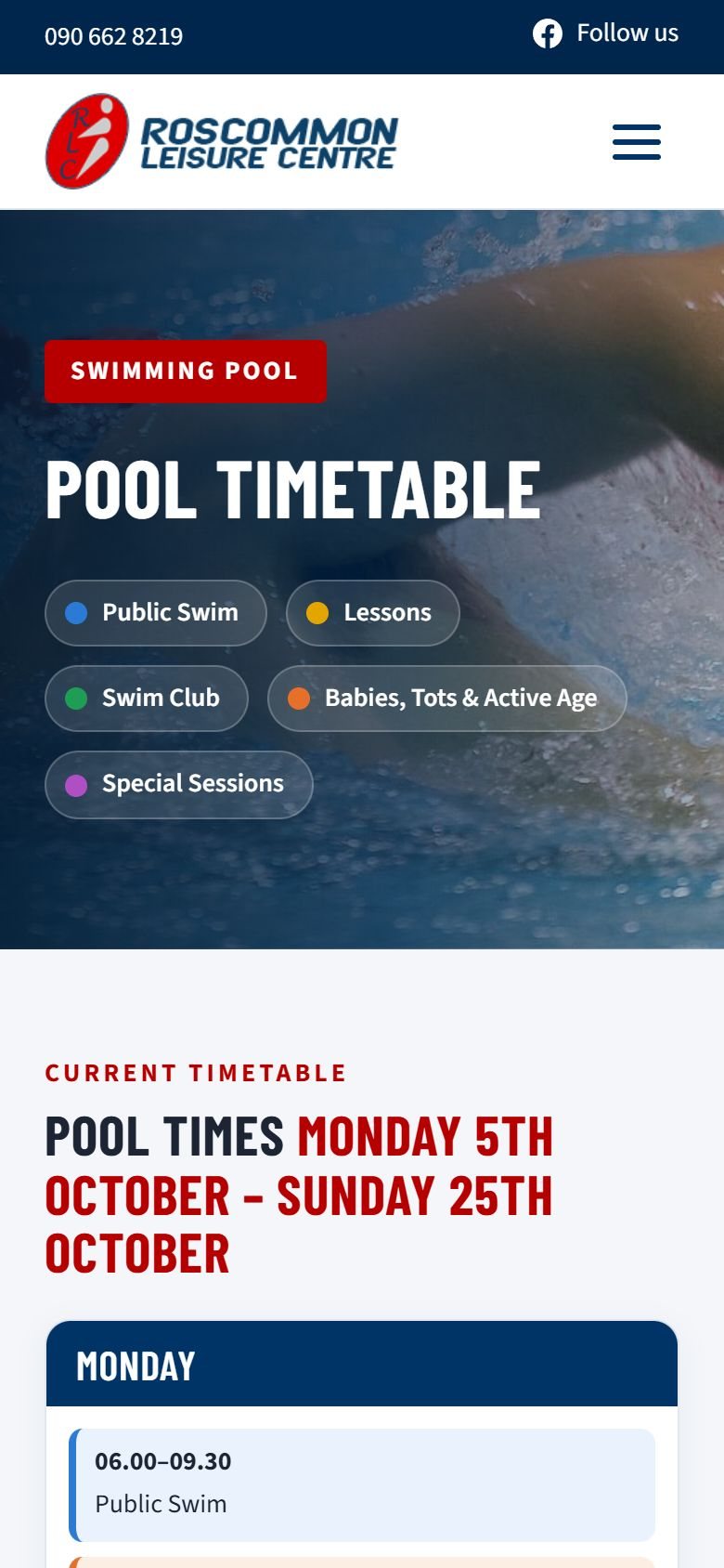 The pool timetable on a mobile phone