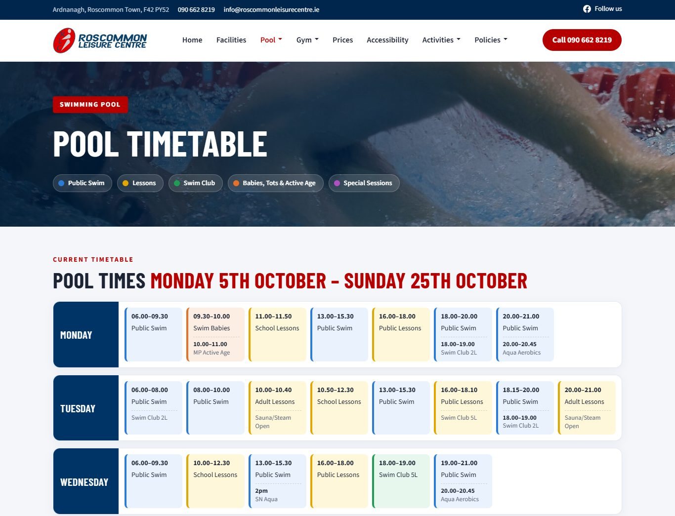 The new colour-coded pool timetable page