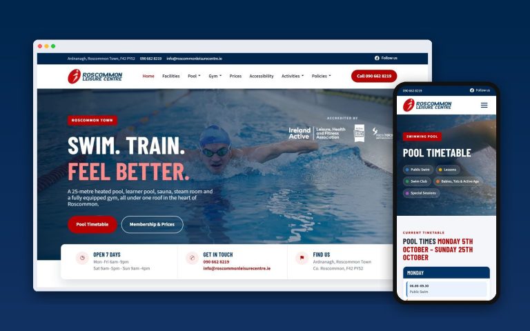 The new Roscommon Leisure Centre website on a laptop and a phone